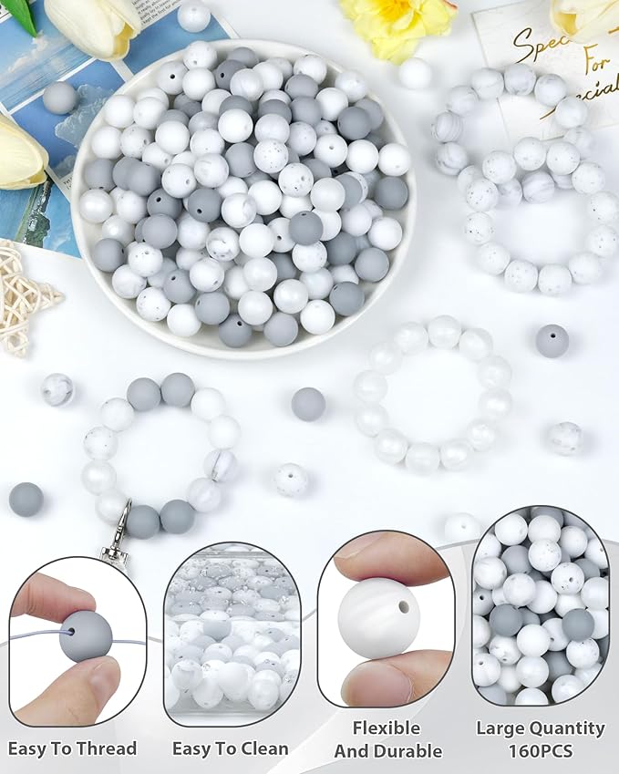 160pcs fiveizero 15mm silicone beads for keychain making - mixed color round rubber beads bulk, diy craft supplies for bracelets necklaces pens(white)