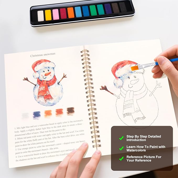 Metyond Christmas Watercolor Workbook - Watercolor Coloring Book with 1 Workbook 12 Colors Paint Set with Brush, Beginner Friendly Watercolor Workbooks Set Gift for Adults Teens (Christmas)