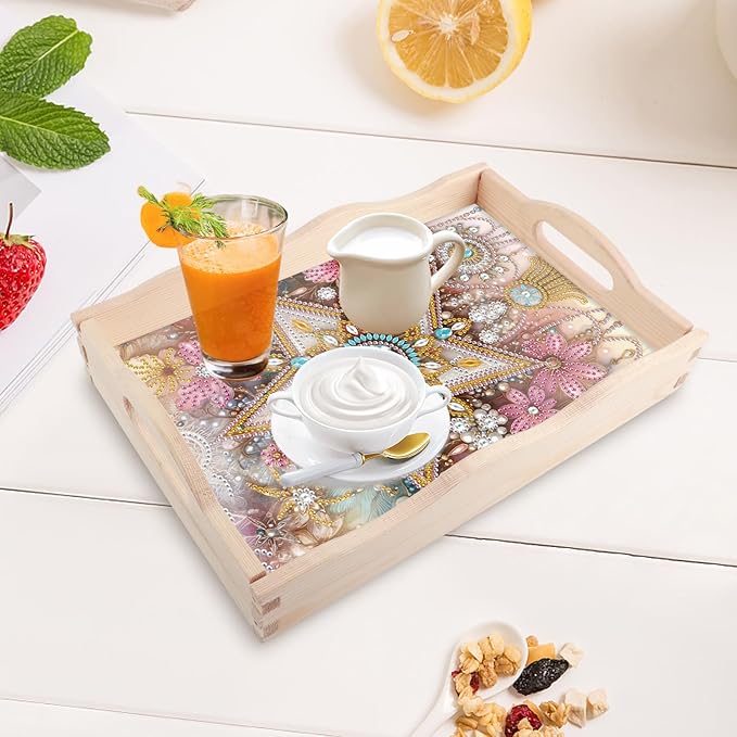 DIY Diamond Art Tray with Handle Diamond Art Painting Plate Creative Design Handmade Wooden Tray Mosaic Making Kits by Number Kits Diamond Art for Coffee Living Room Home Organizer (Five-Pointed Star)