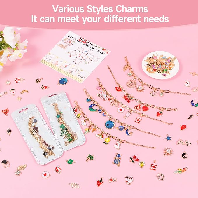 Riwiuue 342-Pieces Charm Bracelet Making Kit - Includes Gold Paperclip Chain Bracelet, Charms, Jump Rings & Tools, Ideal for DIY Jewelry Making, Teen and Adult Gifts (Charm Bracelet Making kit)
