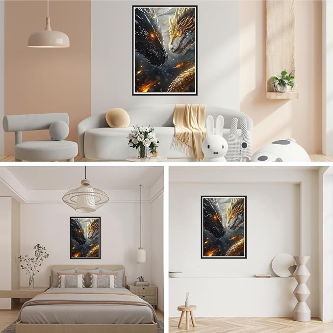 SENQAO 5D Diamond Painting Kits for Adults, Black Golden Dragons Diamond Art Kits for Adults Beginner, DIY Full Drill Diamond Dot Gem Painting for Home Wall Decor 12x16 inch