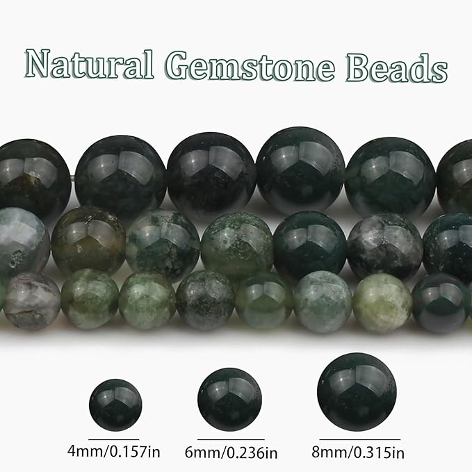 Song Xi 45pcs 8mm Natural Moss Agate Stone Beads for Jewelry Making, Gemstones Beads Bracelet for Necklace Earring Keychain, with Jewelry Box and Elastic for Christmas Wedding Birthday Gift