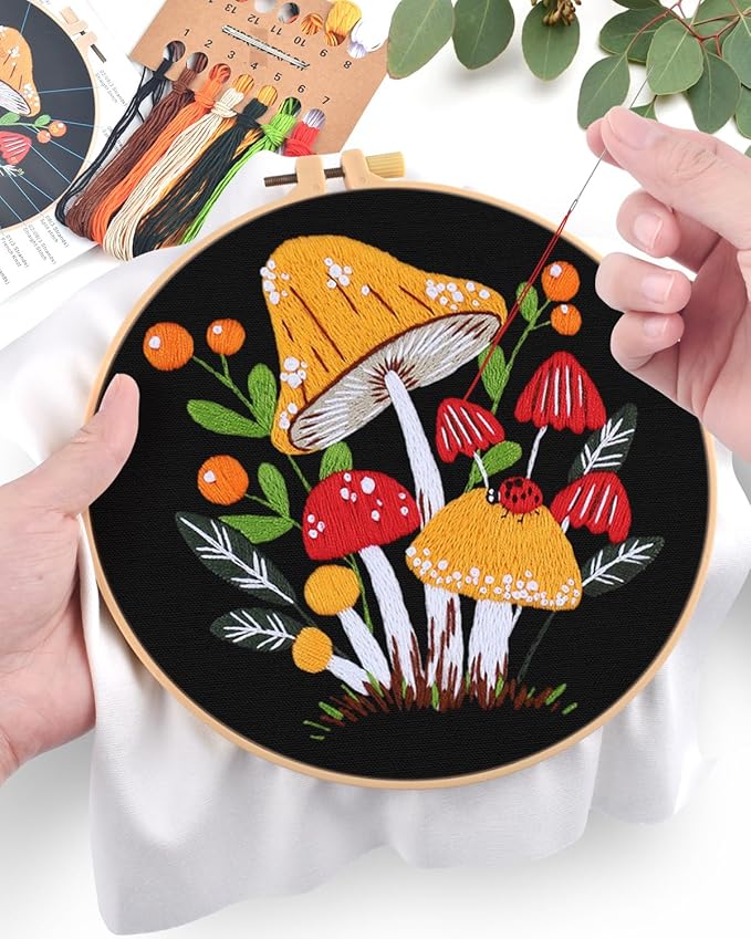 ERKOON Embroidery Kit for Beginners, Flower Cross Stitch Set for Include Embroidery Cloth Hoops Threads for Craft Lover Hand Stitch with Embroidery Skill Techniques (Mushroom)