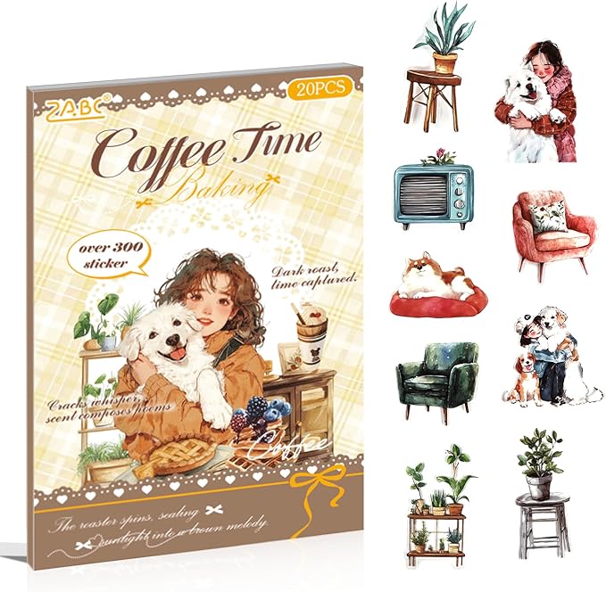 Journal Sticker Book for Journaling and Scrapbooking, Women Pet Coffee Time Theme, 20 Sheets 3.9x5.9 inches, Precut Clear PET Stickers for Junk Journal Supplies, Collage, Scrap Booking