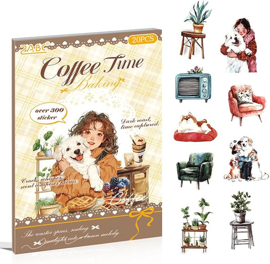 Journal Sticker Book for Journaling and Scrapbooking, Women Pet Coffee Time Theme, 20 Sheets 3.9x5.9 inches, Precut Clear PET Stickers for Junk Journal Supplies, Collage, Scrap Booking