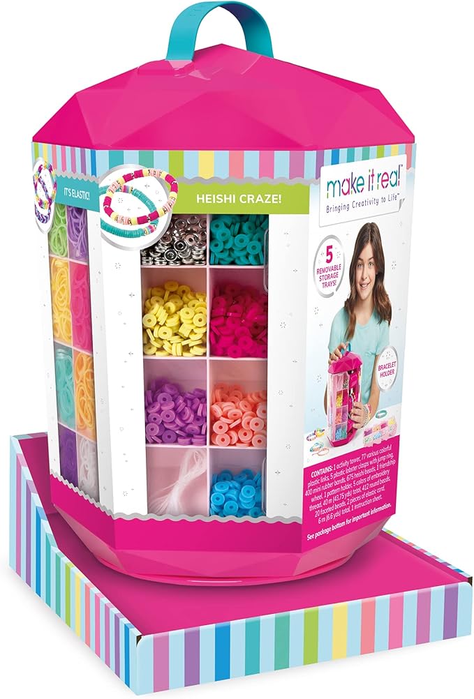 Make it Real 5 in 1 Activity Tower - Jewelry Making Kit with Storage - Heishi Beads, Plastic Links, Mini Rubber Bands, Round Beads & Thread - Friendship Bracelet Making Kit for Girls 8-10-12-14