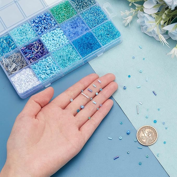 PH PandaHall 14 Colors 5944pcs Blue Series Seed Beads Kit 2~4mm 4052pcs Round Glass Beads 3~12x1.8~2mm 1892pcs Bugle Beads Tube Spacer Beads Loose Beads for Bracelet Necklace Jewelry Making