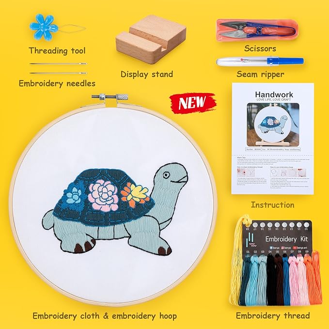 Embroidery Kit for Adult Beginners, Turtle & Flower Embroidery Kit with Step-by-Step Instructions and Video,Printed Cloth,7.87" Hoop, Display Stand,Color Threads and Tools for Craft Lover(BED004)