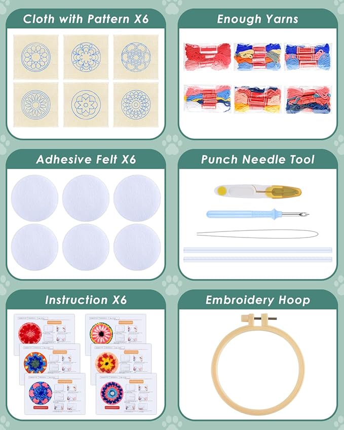 ERKOON Punch Needle Coasters Kit Adults Beginners, 6 Pcs DIY Easy Coaster Embroidery Set for Starter Art Craft, Needling Punching Project with Patterns, Tools, Yarns, Hoop, Instruction