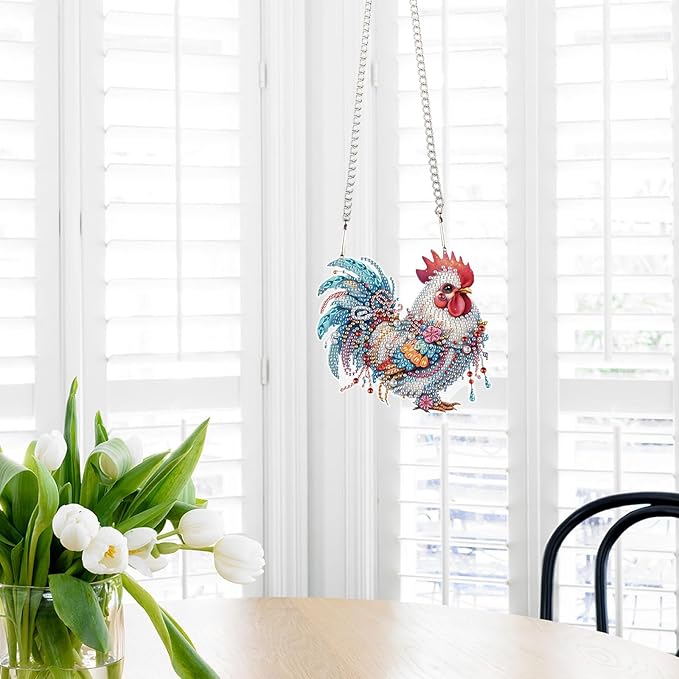 Tontut 5D DIY Diamond Art Painting Pendant kit, Colorful Rooster Special-Shaped Hanging Crystal Window Pendant kit, Adult Gift Home Curtains, Yard Entrance Decoration