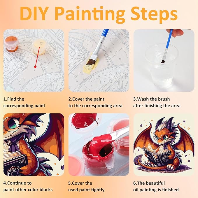 Paint by Numbers Kit for Kids with Frame, Dragon Paint by Numbers for Kids Ages 4-8-12, DIY Dragon Acrylic Oil Painting for Home Wall Art Decor Gift 7.8x7.8 inch (with Frame Easel)