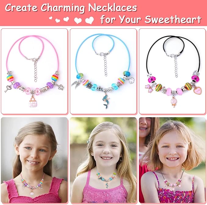 180 Pcs Charm Bracelet Making Kit for Girls, Unicorn Mermaid Crafts Gifts Set Charm Bracelets Kit DIY Arts & Crafts Making Supplies with Beads, Pendant, Bracelets, Necklace Cords Gift for Teens Girls