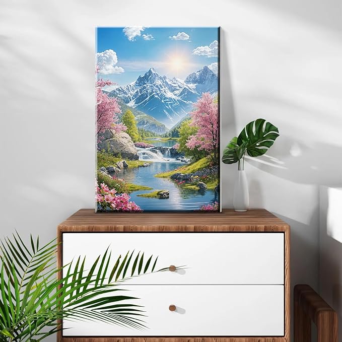 ATDMS Paint by Numbers Kits for Adult with Frame DIY Mountain Paint by Number with Easel Acrylic Sunset Oil Painting by Number for Wall Hanging Home Room Decor 7.87x11.81 Inch