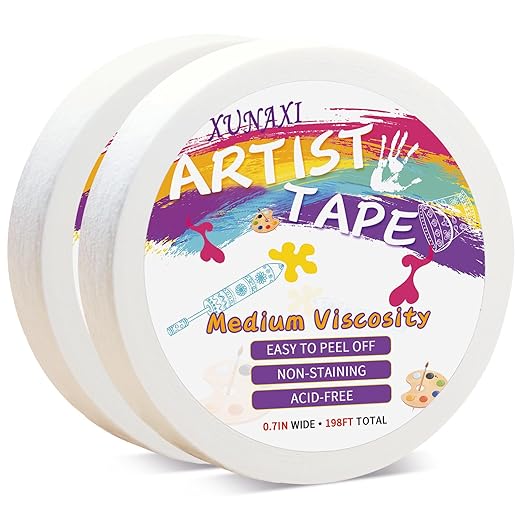 2 Packs Artist Tape Medium Tack White Art Tape for Watercolor Paper Drafting Art Painting Canvas Framing Acid Free Masking Tape- 0.7IN Wide 197FT Long Total