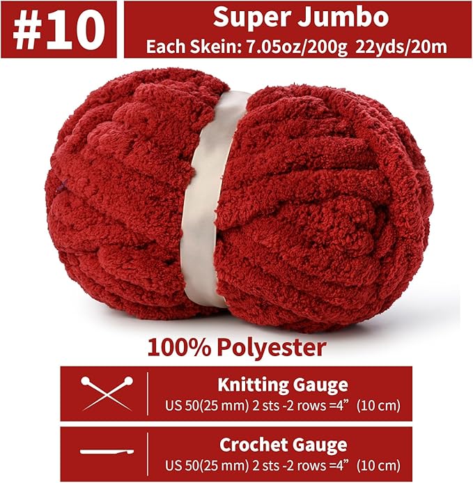 10 Pack Jumbo Chenille Yarn for Crocheting, #10 Super Bulky Baby Soft Yarn for Hand Knitting, 220 yds /70.5 oz Fluffy Chunky Knit Throw Blanket Yarn (Burgundy)
