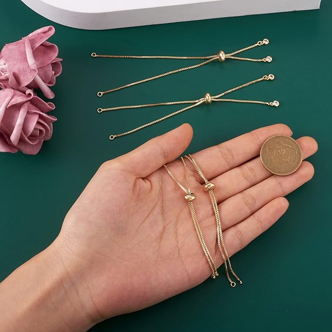 FASHEWELRY 20 Strands Adjustable Brass Bracelet Slider Extender Chains with Rhinestone Ends 4.72-4.96 Inch Real 18K Gold Plated for DIY Jewelry Making