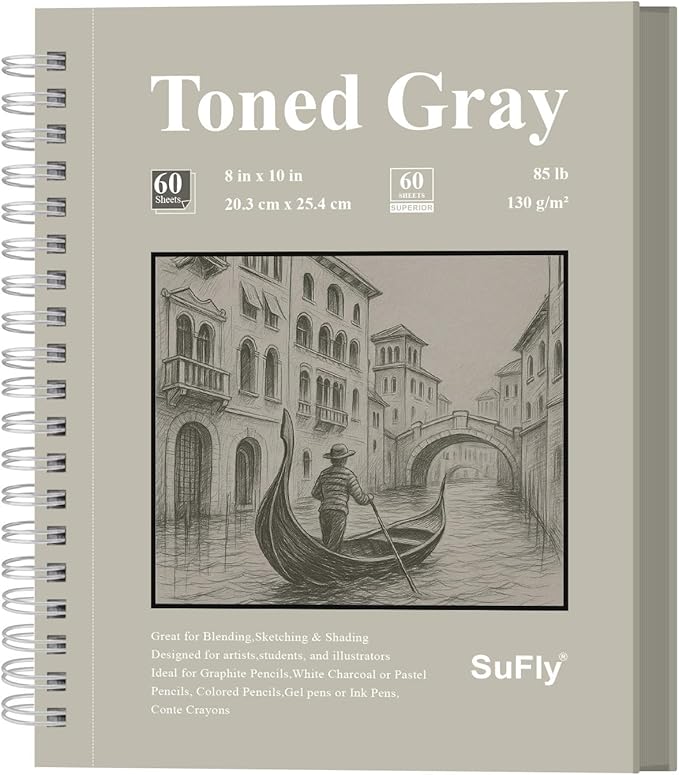 sufly toned gray sketch book 8"x10" - 60 sheets spiral bound sketch pad, 85lb/130gsm art paper for graphite, charcoal, colored pencils and gel pens.
