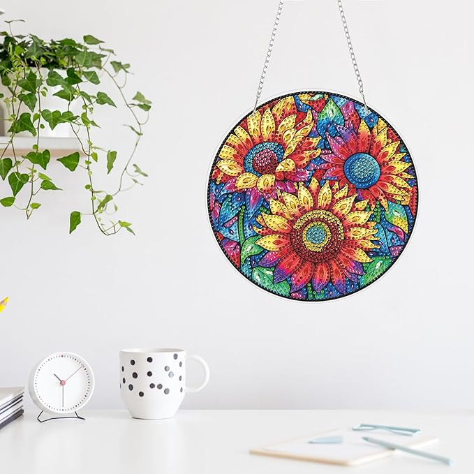 MAXBYE Diamond Art Kits for Adults Hanging Pendant, Sunflowers DIY Special Shaped Diamonds Painting Double Sided Rhinestone Gem Art for Beginners Gift Window Wall Door Decoration 8×8 Inch