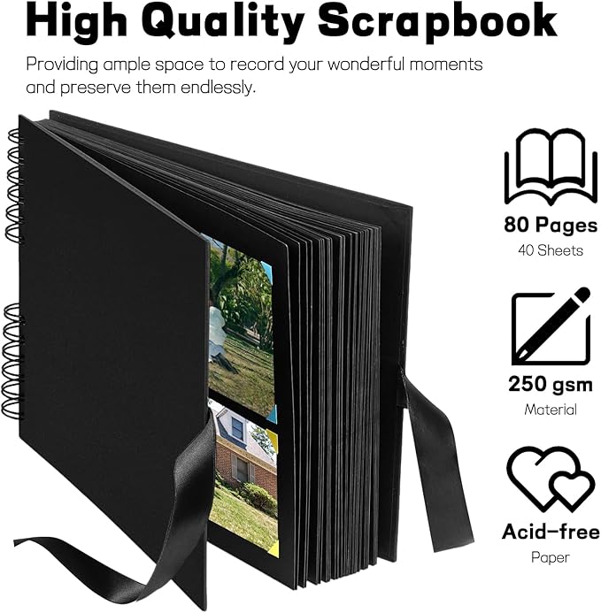 11.5 x 8.5 Inch Black Scrapbook Album, 80 Pages Photo Album with Black Pages, Kraft Paper Hardcover Memory Book with DIY Accessories Kit for Mother's Day Wedding Travel