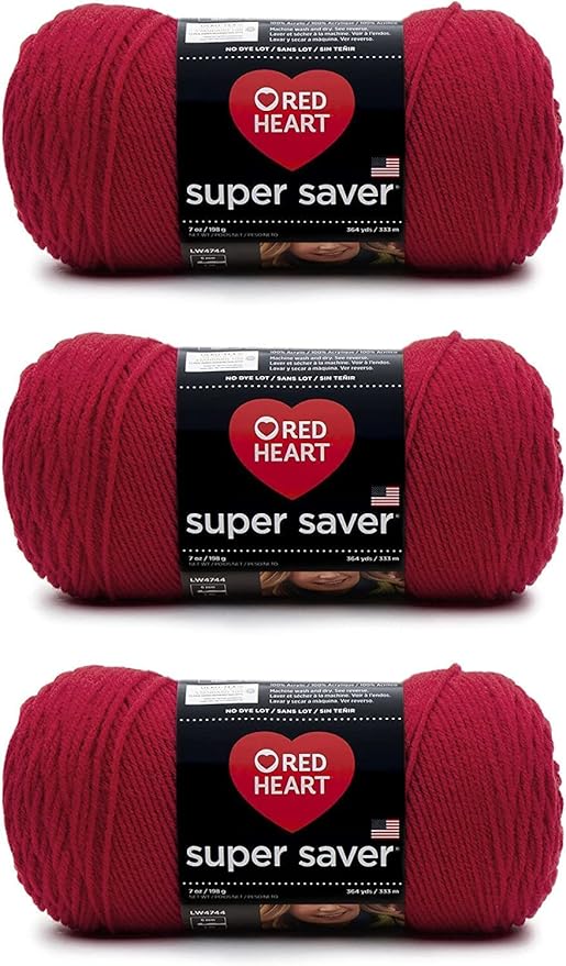 Red Heart Super Saver Cherry Red Yarn - 3 Pack of 198g/7oz - Acrylic - 4 Medium (Worsted) - 364 Yards - Knitting/Crochet