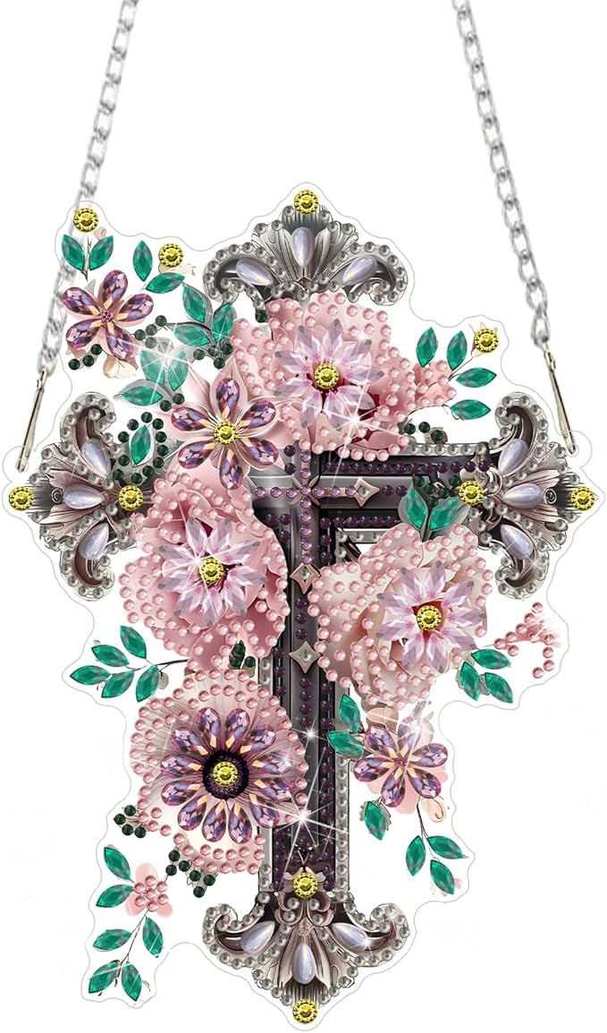 DOMROM Cross Diamond Art Hanging Kits for Adults Beginners, Special Shaped Crystal Diamond Painting Cross Pendant, DIY Diamond Art Suncatchers for Home Garden Wall Decor Gift