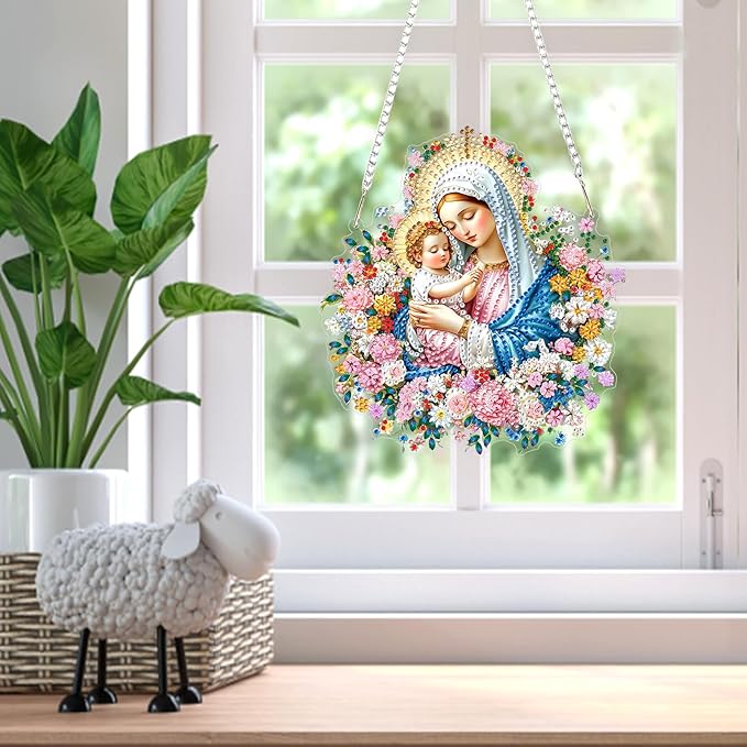 Religious Virgin Mary Diamond Art Hanging Ornaments Kits for Adults, Diamond Painting Pendant Kits, DIY Acrylic 5D Special Shaped Crystal Gem Art Painting Ornament for Home Wall Decor Gift 8x8 Inch