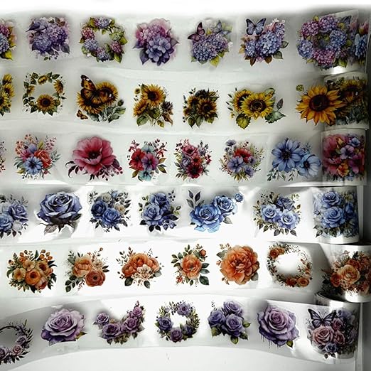 Koolemon 6Rolls Pre-Cut Floral Tape, Decorative Tape PET Flower Stickers for Crafts Journaling Scrapbook Supplies