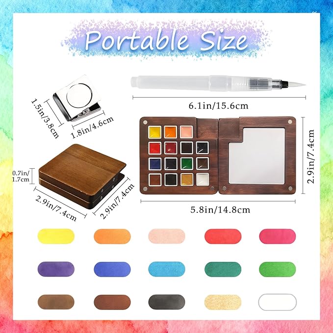 Esoes Mini Watercolor Travel Set - 15 Color Updated Wooden Water Color Paint Set, Portable Pocket Artist Painting Kit With Colors for Painters Artists Students