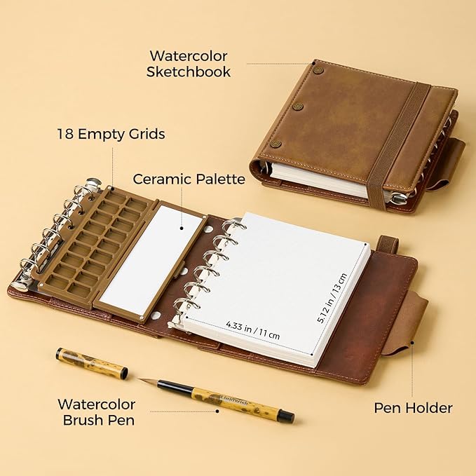 Portable Watercolor Sketchbook Set - 100% Cotton Cold Press 5.1x4.3 Inch 20Sheets Binder Art Journal with 18-Well Ceramic Paint Palette & Travel Watercolor Brushes for Artists Outdoor Painting