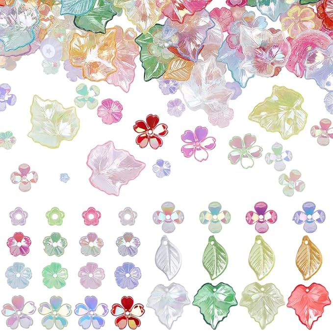350Pcs Acrylic DIY Flower Leaf Beads Kits Including Assorted AB Color Plated 5-Petal Floral Acrylic Bead Caps Maple Leaf Pendants Charms for Earring Bracelet Necklace Craft Jewelry Making