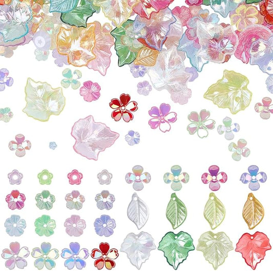 350Pcs Acrylic DIY Flower Leaf Beads Kits Including Assorted AB Color Plated 5-Petal Floral Acrylic Bead Caps Maple Leaf Pendants Charms for Earring Bracelet Necklace Craft Jewelry Making