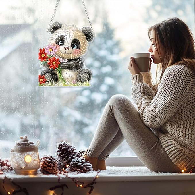 GHHKUD Hanging Diamond Art Panda Pendants Kits, DIY Hanging Decoration Double Sided Animals Diamond Pinting Ornaments for Adults Kids Gifts for Home Decor