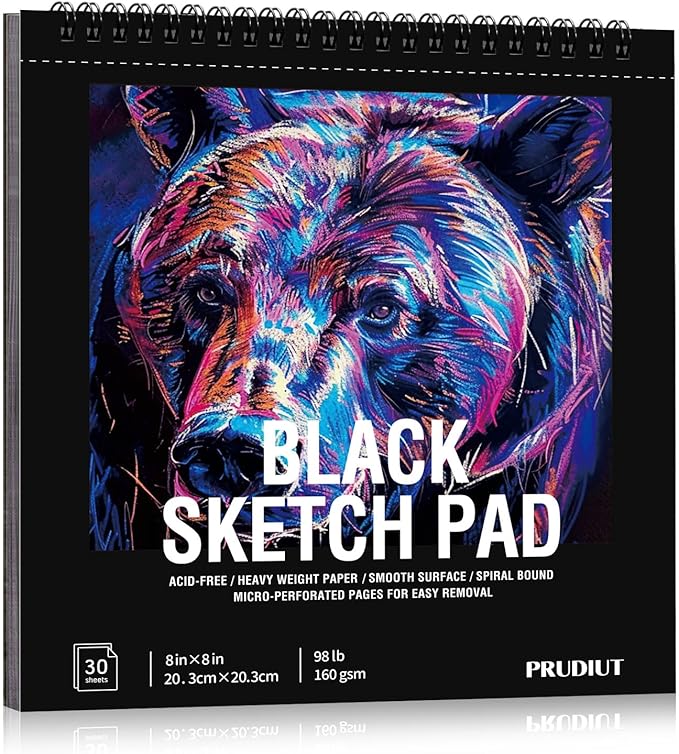 30 Sheets Black Paper Sketchbook, 98lb/160gsm Heavyweight Black Sketch Pad 8×8in, Acid-Free Drawing Paper, Spiral Bound Sketch Book for Teens, Artist