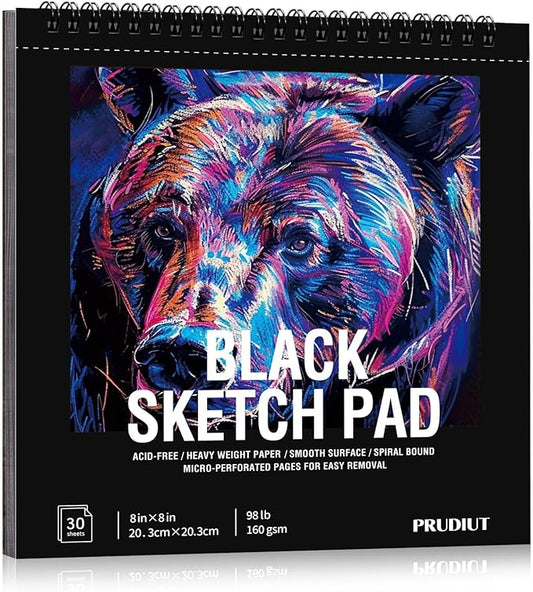 30 Sheets Black Paper Sketchbook, 98lb/160gsm Heavyweight Black Sketch Pad 8×8in, Acid-Free Drawing Paper, Spiral Bound Sketch Book for Teens, Artist