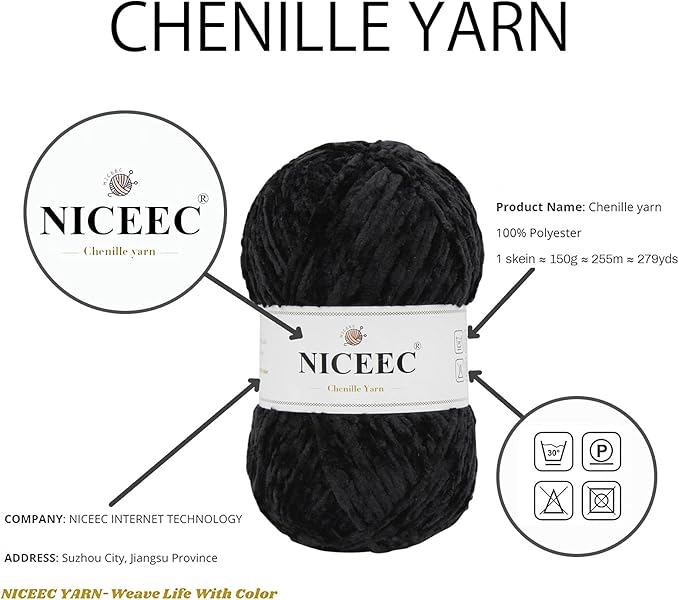 NICEEC 2 Skeins Soft Chenille Yarn Blanket Yarn for Knitting Fancy Yarn for Crochet Weaving DIY Craft Total Length 2×255m (2×279yds, 2×150g)_Black