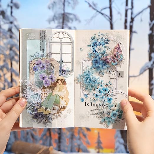 6-Roll Winter Floral PET Tape Set, Pre-Cut Transparent Waterproof Flower Sticker Rolls for Scrapbooking, Journals, Planners, DIY Crafts, Cards and Gift Wrapping