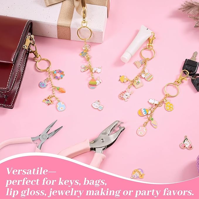 254 Pcs Cute Easter Charms Lip Gloss Keychain Making Kit Include Assorted Bunny Egg Rabbit Enamel Charms Keychain Clips Extender Chains Jump Ring DIY Jewelry Crafts Gifts for Women Adults