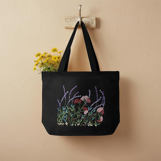 ERKOON Canvas Tote Bag Embroidery Kit for Beginners, Floral Arts Crafts Cross Stitch Kits for Adults Including Stamped Embroidery Bag with Hoops, Needle, Instruction and Color Threads (Lavender)