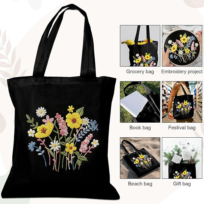 Nuberlic Canvas Tote Bag Embroidery Kit for Beginners Adults -DIY Needlepoint Kit with Floral Pattern Bag Reusable Eco-Friendly Shopping Bag