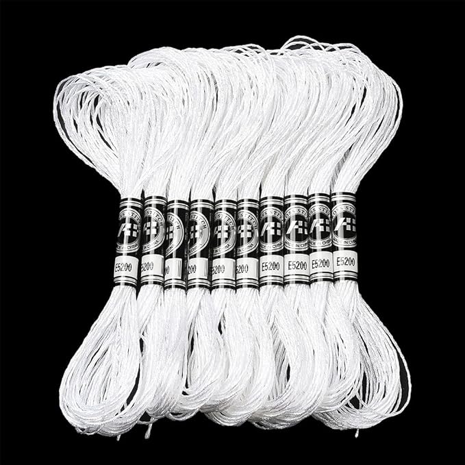10 Skeins White Polyester Embroidery Floss Metallic Glitter Cross Stitch Thread Gold Silver Shimmer Crewel Polyester Floss Bulk for Hand Sewing Making Birthday Cards Friendship Bracelets