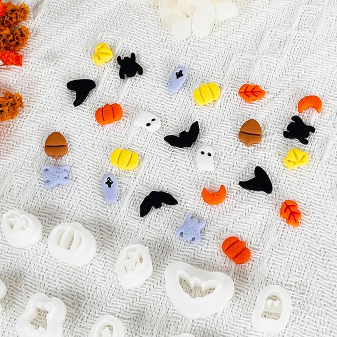Xaekicr Halloween Polymer Clay Cutters Set - 10Pcs Clay Cutters for Polymer Clay Jewelry, Small Size Clay Tools for Earrings DIY, Fall Pumpkin Bat Witch Hat Molds