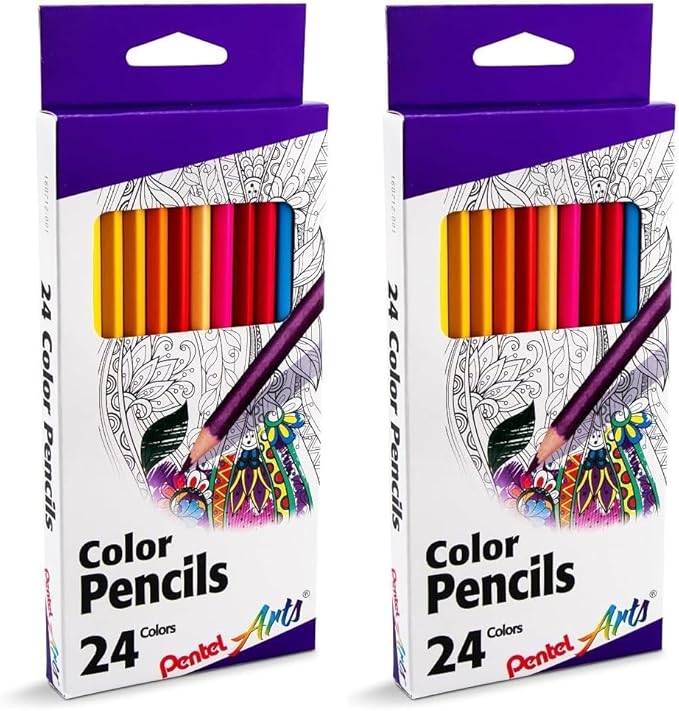 Pentel Arts Colored Pencils, Assorted Colors, Set of 24 (Pack of 2)