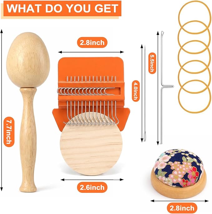Knit Patch Kit, Mini Darning Loom, Darning Egg Weaving Tool Include Small Weaving Loom with 14 Large Eye Needles 50 Colors Thread for Visible Mending Jeans, Socks and DIY Fabric Repair (Orange)