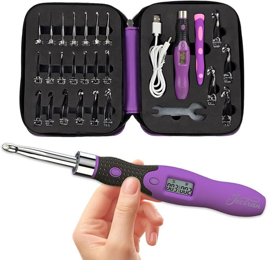 Upgraded Counting Crochet Hook Set - 24-in-1 Interchangeable Hooks Kit - Light Up, Digital Stitch & Row Counter- No Need to Move Fingers- Ergonomic for Arthritic Hands - Cool Gift