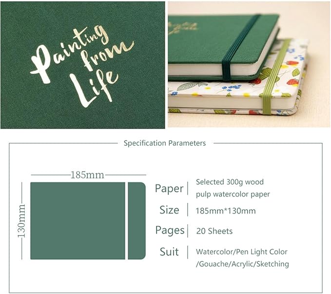 Handmade Watercolor Journal, 7.6x5.3'', 140lb/300gsm, Cold Press, 20 Sheets/40 Pages,Sketchbook,Travel Notebook, Suit for Watercolor/Pen Light Color/Gouache/Acrylic/Sketching