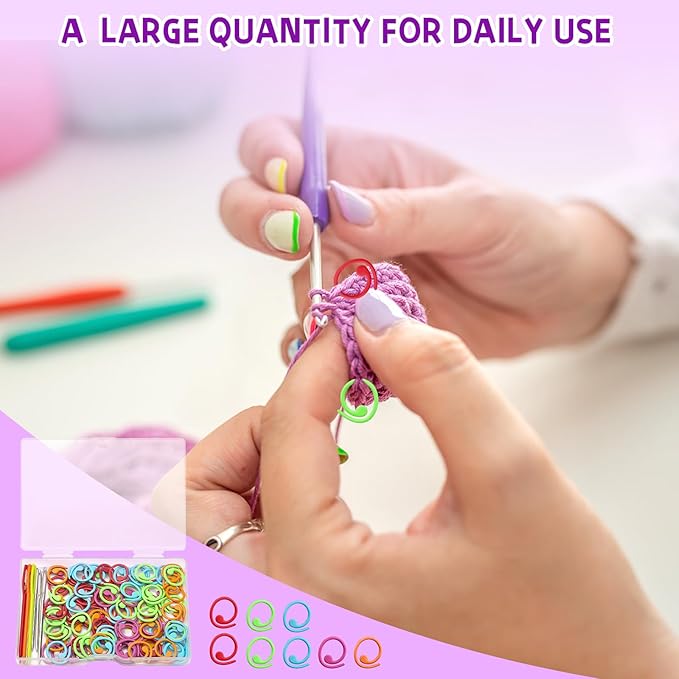 Lokunn 100 Pcs Metal Stitch Markers, 5 Color Helical-Shaped Crochet Markers Ring, 9 Pcs Large Eye Blunt Sewing Needles with Storage Box for DIY and Craft Sewing