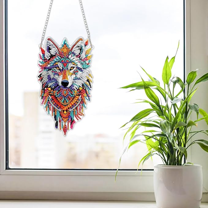 NAIMOER DIY Hanging Diamond Art Kits for Adults, Wolf Diamond Painting Kits, Special Shaped Rhinestone, Acrylic 5D Gem Art Craft Window Pendants Home Garden Wall Hanging Ornament Kits