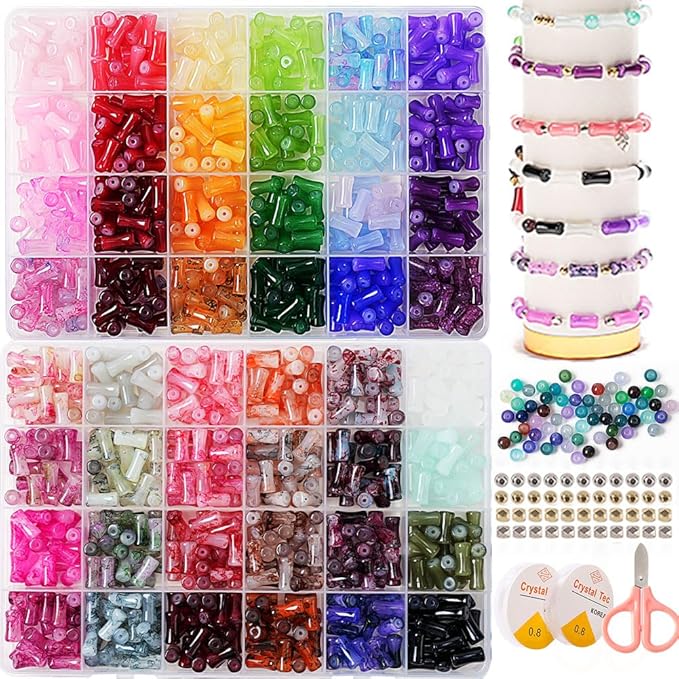 Bamboo Shape Glass Beads, 6 * 12mm 48 Assorted Colours Crystal Beads for Jewelry Making, Art and Craft, Friendship Bracelets,Necklace