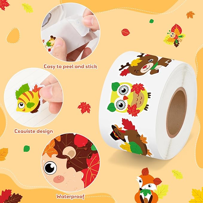 beyumi maple leaves animals stickers - 1000pcs fall leaf cute animals stickers in 2 rolls autumn thanksgiving adhesive decals fall holiday party favor supplies classroom office bottle decor