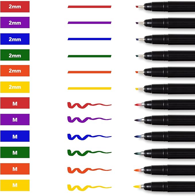 Craft 'n' Beyond Colored Calligraphy Brush Pens Waterproof Pack of 12 Markers for Hand Lettering, Art Drawing, Sketching, Scrapbooking, Writing, Journaling tip - Beginner Kit with Fadeproof Ink
